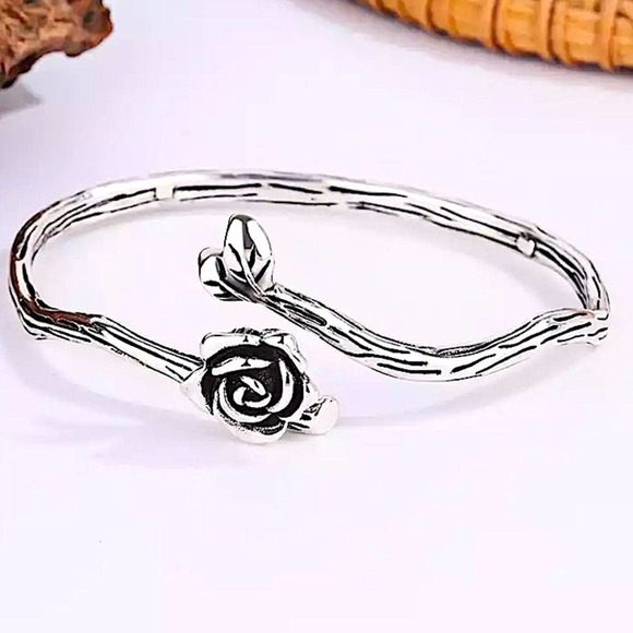 Rose Flower Sterling Silver Bangle Bracelet - Picture 6 of 6